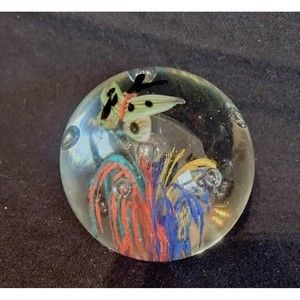 Vintage Round Art Glass Bubble Paper Weight Butterfly Over Rainbow Flower